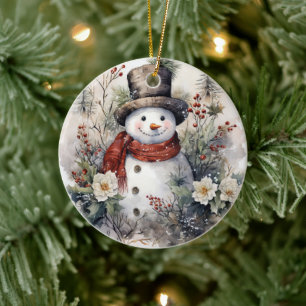 Snowman in a Red scarf Christmas Ceramic Ornament
