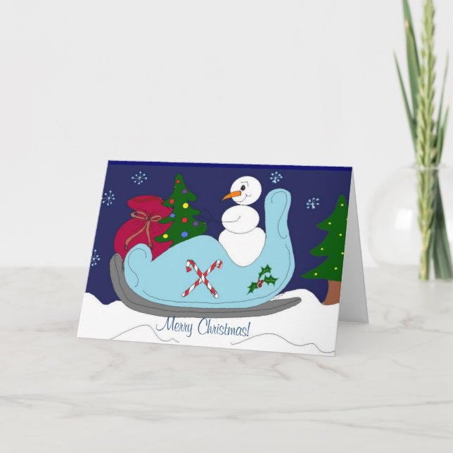 Snowman in a Sleigh Holiday Card (Front)