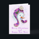 Snowman In Beanie Winter Hat Christmas Card<br><div class="desc">Christmas Cards with Happy Snowman In Purple Pink Beanie Winter Hat Fun Christmas Painting Collection - Choose / Add Your Unique Text / Name / Colour - Make Your Special Christmas Card Gift - Resize and move or remove / add elements - image / text with customisation tool. Painting and...</div>
