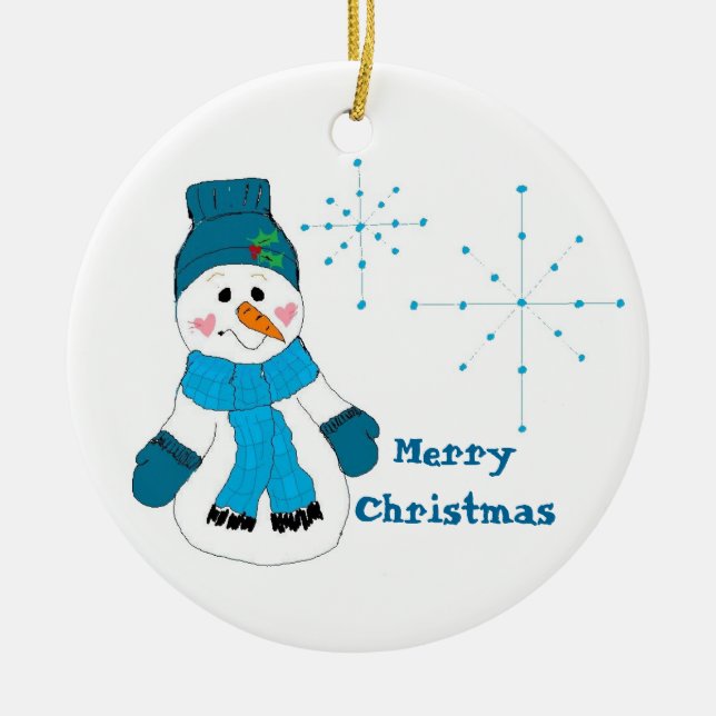 Snowman in Blue Ceramic Ornament (Front)