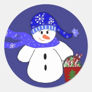 Snowman in Blue Classic Round Sticker