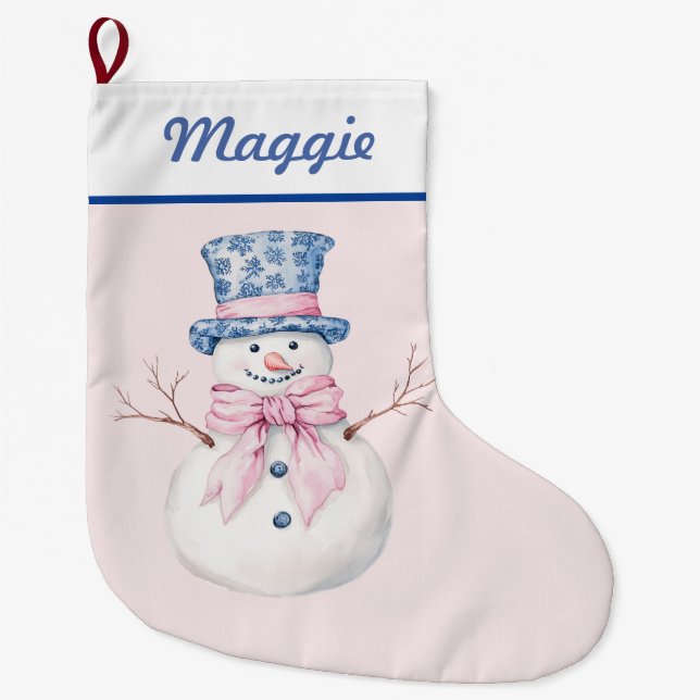 Snowman in Blue Damask Top Hat Large Christmas Stocking (Front)