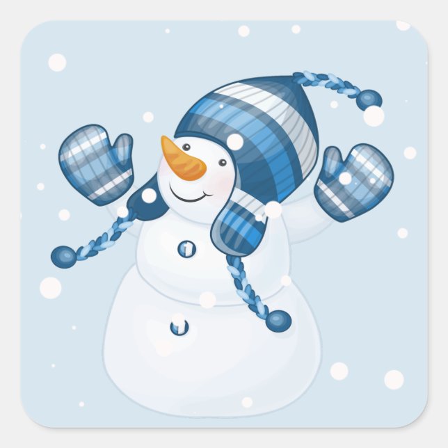 Snowman In Blue Mitts and Hat Square Sticker (Front)