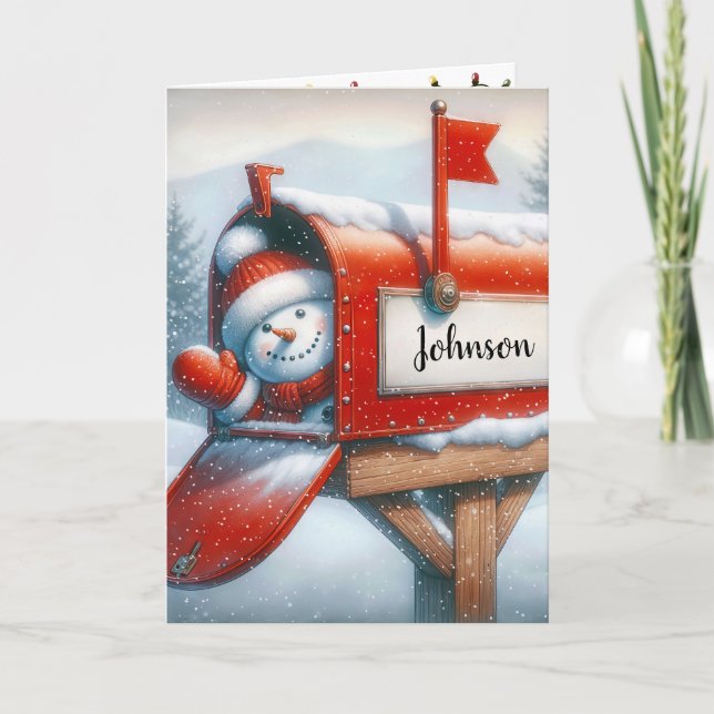 Snowman In Christmas Mailbox With Custom Name Holiday Card (Front)