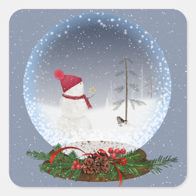 Snowman In Christmas Snow Globe Square Sticker (Front)