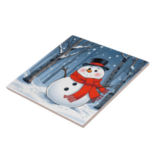 Snowman in cold forest with red scarf ceramic tile