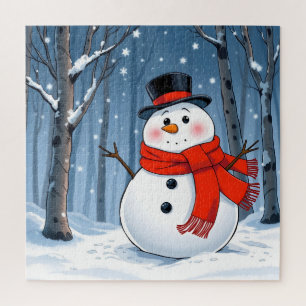 Snowman in cold forest with red scarf jigsaw puzzle