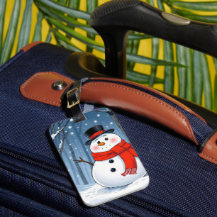 Snowman in cold forest with red scarf luggage tag