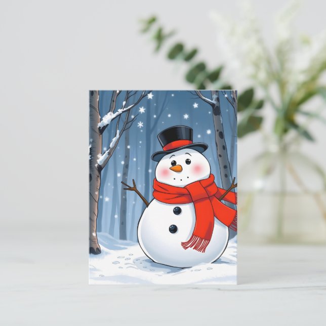 Snowman in cold forest with red scarf postcard (Standing Front)