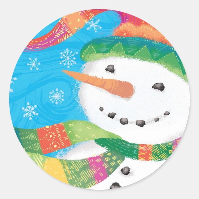 Snowman in Colourful Scarf and Stocking Hat Classic Round Sticker (Front)