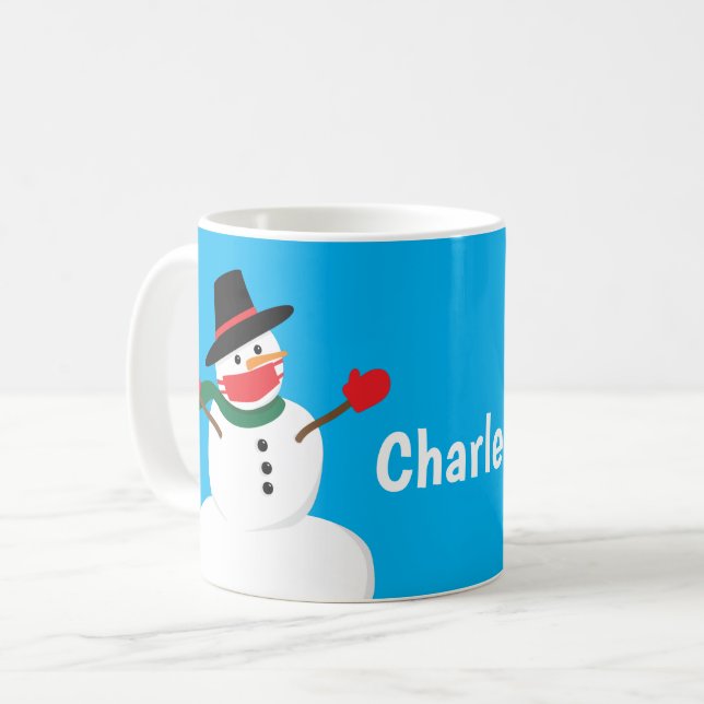 Snowman in Covid Mask Custom Name Coffee Mug (Front Left)