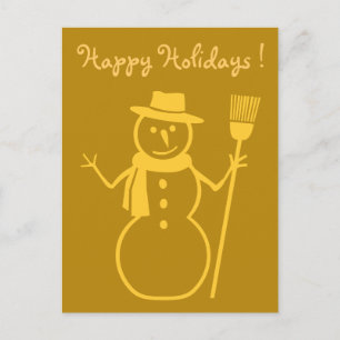 snowman in dark gold holiday postcard