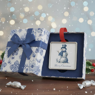Snowman in Delft Blue customisable Metal Ornament