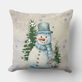 "Snowman in Falling Snow" with Rabbit and Trees Cushion