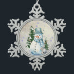 "Snowman in Falling Snow" with Rabbit and Trees Snowflake Pewter Christmas Ornament<br><div class="desc">"Snowman in Falling Snow" with Rabbit and Trees Snowflake Pewter Christmas Ornament. Celebrate the holiday spirit with this charming snowman in falling snow ornament, perfect for adding a touch of whimsy to your Christmas tree. Crafted from durable pewter, this delightful piece features a snowman standing among pine trees with a...</div>