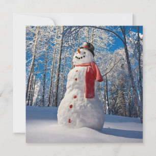 Snowman in Front of Snow-Covered Forest Holiday Card
