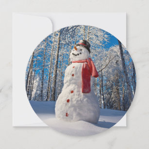Snowman in Front of Snow-Covered Forest Holiday Card