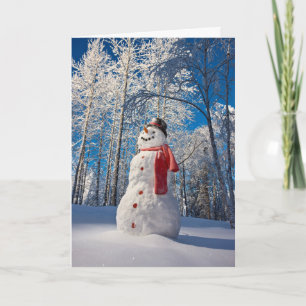 Snowman in Front of Snow-Covered Forest Holiday Card