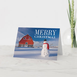 Snowman in front of Vintage Red Barn Holiday Card
