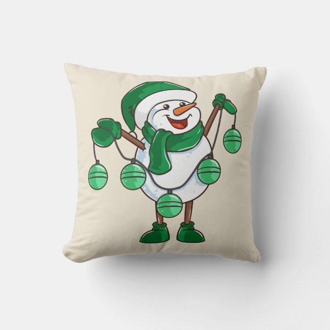 Snowman in Green Scarf | Funny Christmas Gift Cushion (Front)