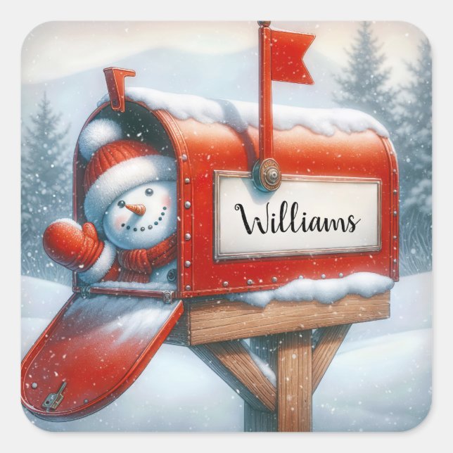 Snowman In Holiday Mailbox With Custom Name Square Sticker (Front)