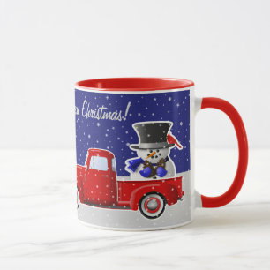 Snowman in Little Red Truck and Farm House Mug