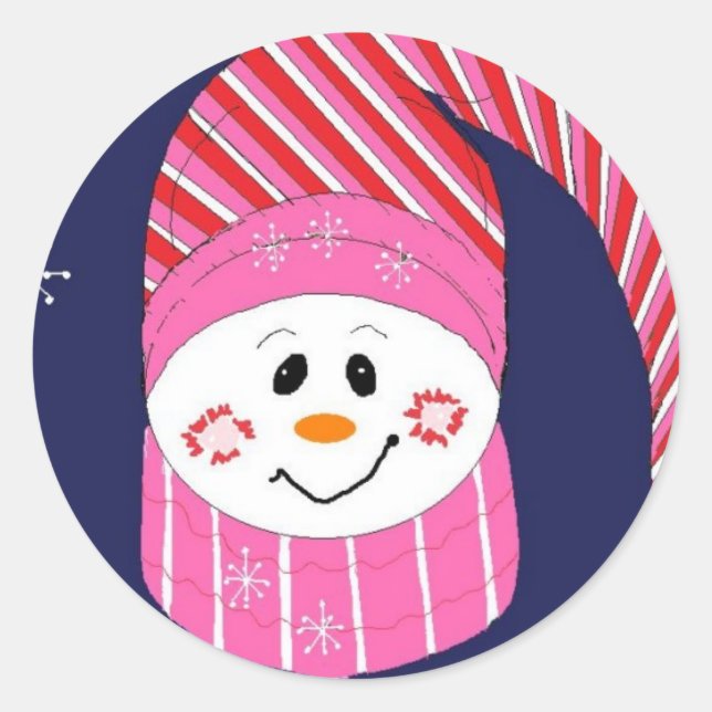 Snowman in Pink and Red Hat Classic Round Sticker (Front)