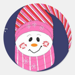 Snowman in Pink and Red Hat Classic Round Sticker