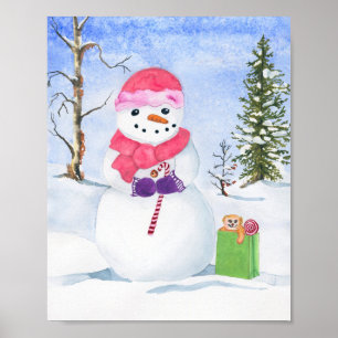 Snowman in pink scarf winter scene watercolor poster