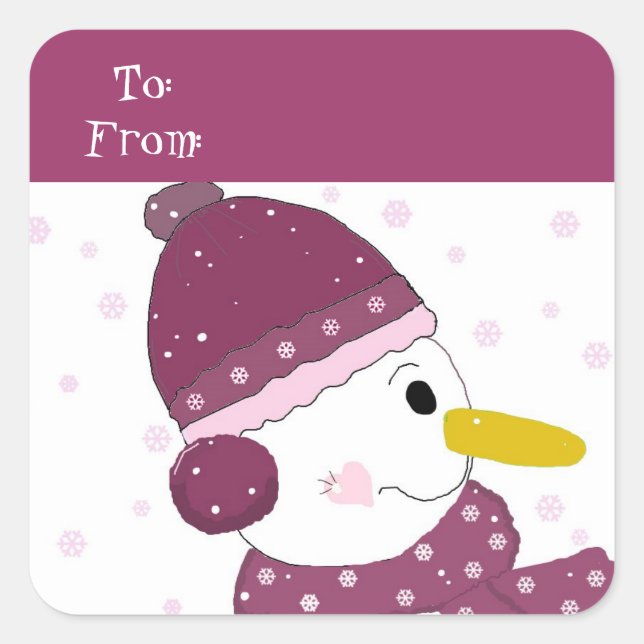 Snowman in Purple Hat and Scarf Square Sticker (Front)