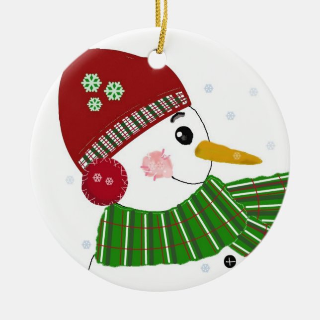 Snowman in Red Hat and Green Scarf Ceramic Ornament (Front)