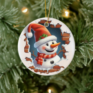 Snowman in Santa Hat - 3D Ceramic Ornament