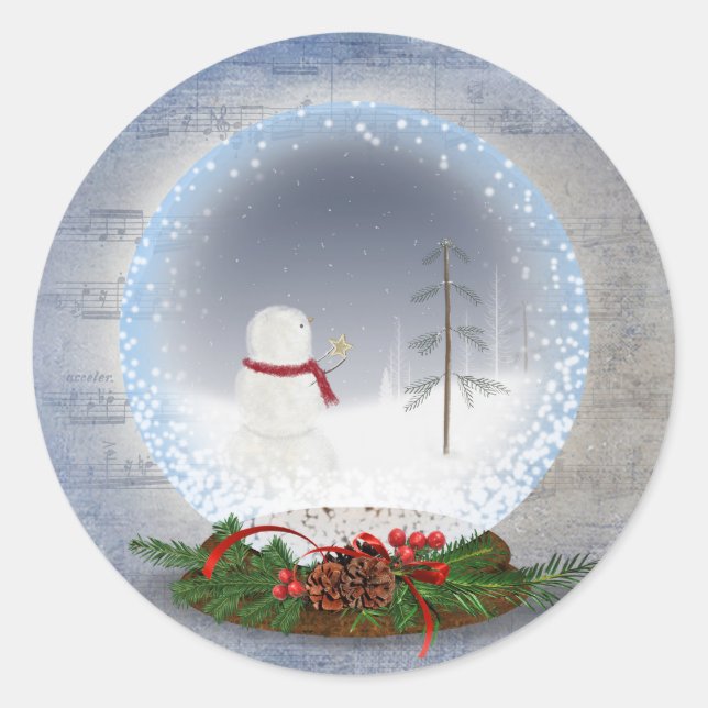 Snowman in Snow Globe   Classic Round Sticker (Front)