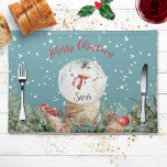 Snowman in Snow Globe Fir Tree Branches Christmas Placemat<br><div class="desc">This beautiful Placemat depicts a snowman in a snow globe on a turquoise background. Snowflakes are falling, and Christmas elements such as fir tree branches, nuts and berries ornament the placemat bottom, around the snow globe. "Merry Christmas" is written in red curved letters above the snow globe, and your guest's...</div>