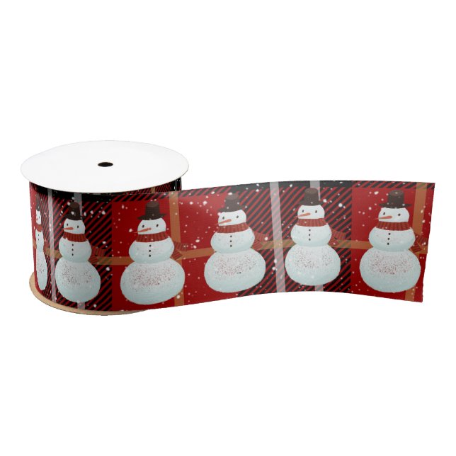 Snowman in Snowflakes Tartan Plaid Satin Ribbon (Spool)