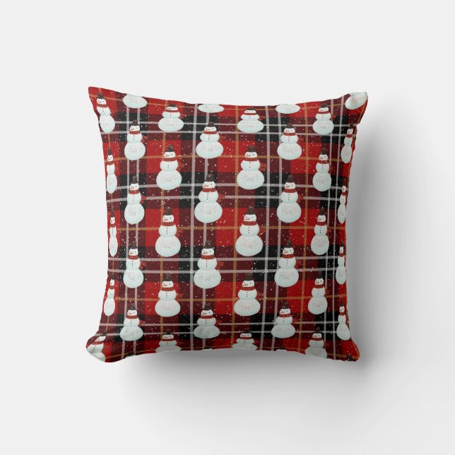 Snowman in Snowflakes Tartan Plaid Throw Pillow (Front)