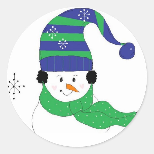 Snowman in Striped Hat Classic Round Sticker (Front)