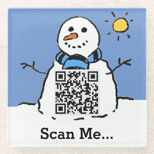 Snowman in Sunshine with QR Code Glass Coaster (Front)