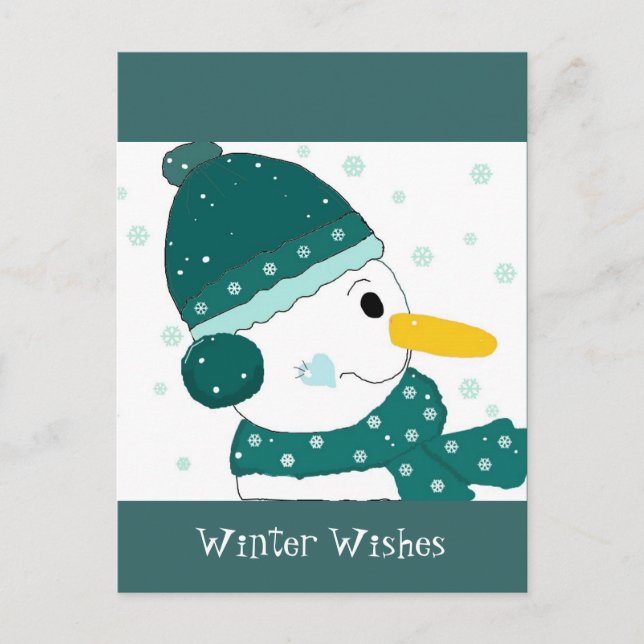 Snowman in Teal Green Hat and Scarf Postcard (Front)