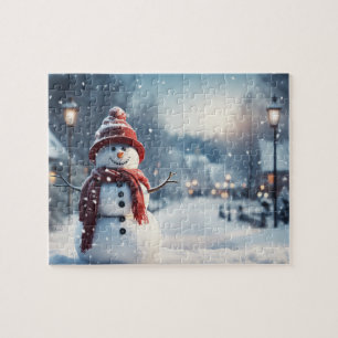 Snowman in the village. Winter scene. Jigsaw Puzzle