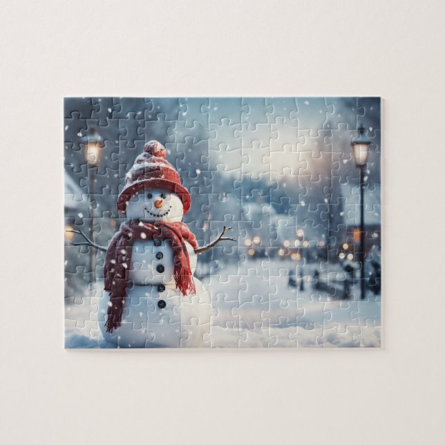 Snowman in the village. Winter scene. Jigsaw Puzzle (Horizontal)