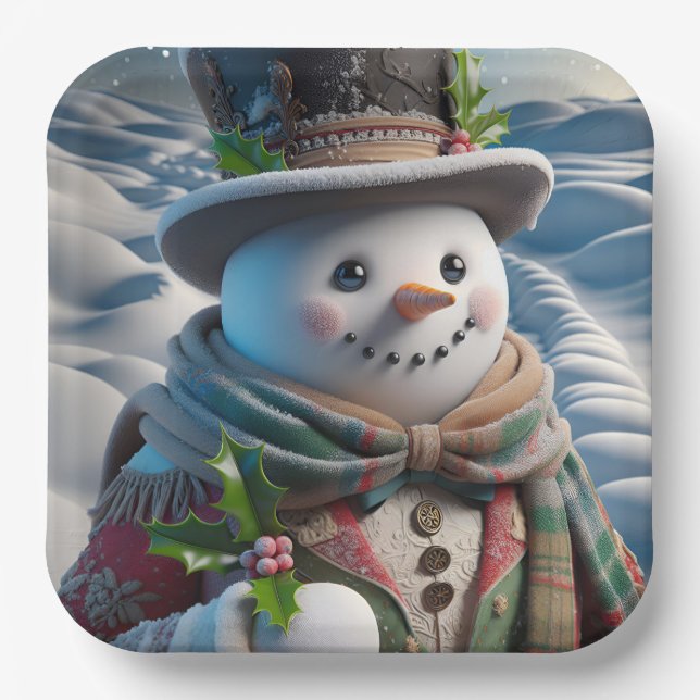  Snowman in Top Hat and Scarf, Christmas, Author N Paper Plate (Front)
