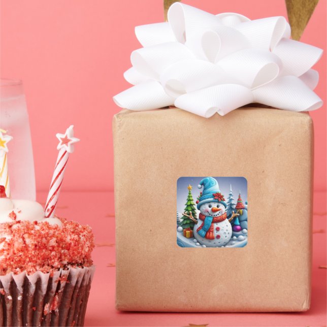 Snowman in Winter Landscape - Square Sticker (Party)