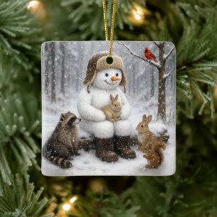 Snowman In Winter Woods With Animal Friends Ceramic Ornament
