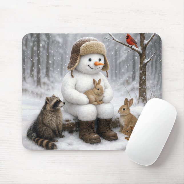 Snowman In Winter Woods With Animal Friends Mouse Pad (With Mouse)