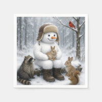 Snowman In Winter Woods With Animal Friends