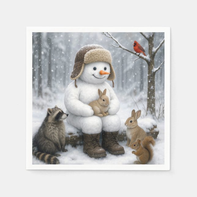 Snowman In Winter Woods With Animal Friends Napkin (Front)