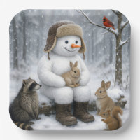 Snowman In Winter Woods With Animal Friends
