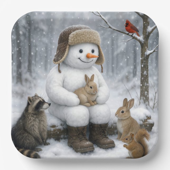Snowman In Winter Woods With Animal Friends Paper Plate (Front)