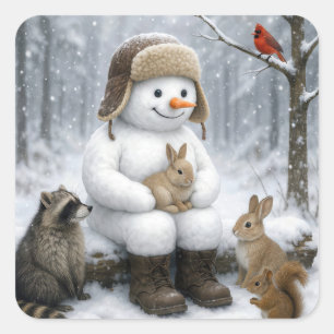 Snowman In Winter Woods With Animal Friends Square Sticker